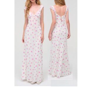 NEW FOR LOVE AND LEMONS EMMALINE WHITE MAXI DRESS W/EMBROIDERED PINK FLORAL SZ S